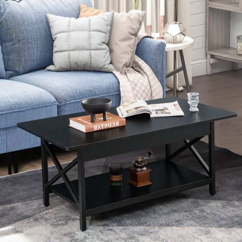 Table Basse 2 Niveaux Avec Étagère Pieds Réglables Industrielle 110 X 60 X 48 Cm Noir