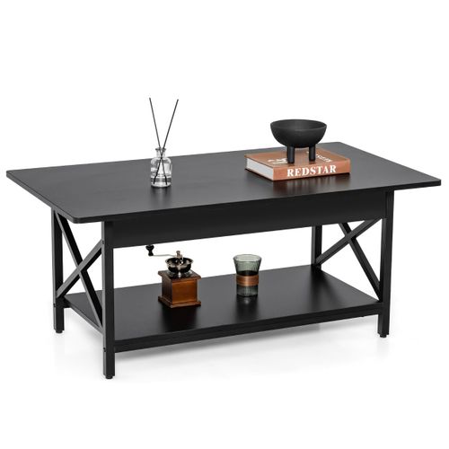 Table Basse 2 Niveaux Avec Étagère Pieds Réglables Industrielle 110 X 60 X 48 Cm Noir