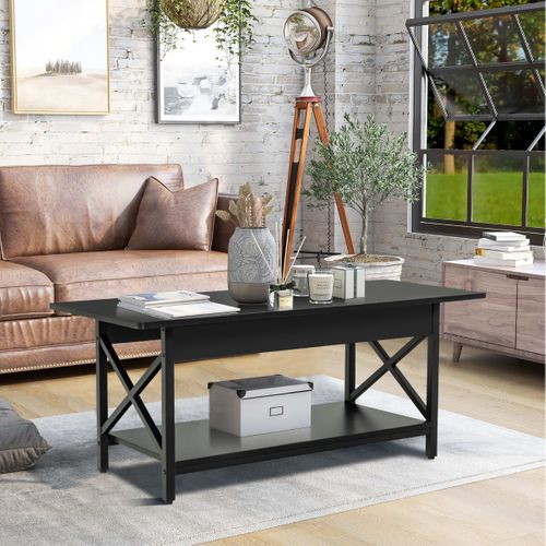 Table Basse 2 Niveaux Avec Étagère Pieds Réglables Industrielle 110 X 60 X 48 Cm Noir