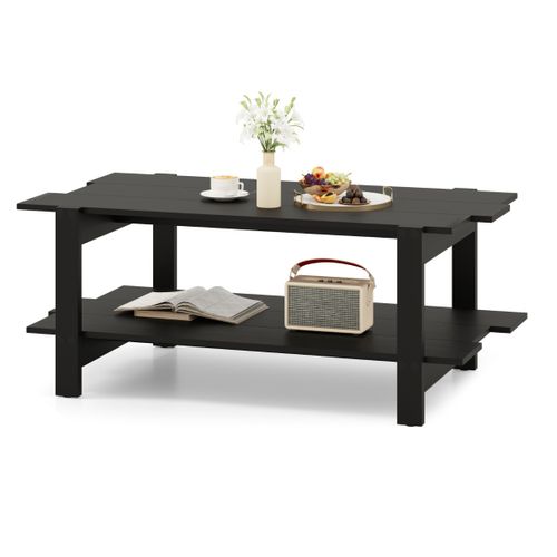 Table Basse à 2 Niveaux Bout De Canapé En Bois à Lattes Avec Étagère 115 X 59 X 46 Cm Noir