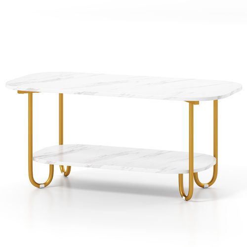 Table Basse Avec Plateau En Faux Marbre Bout De Canapé 2 Niveaux Avec Étagère Blanc