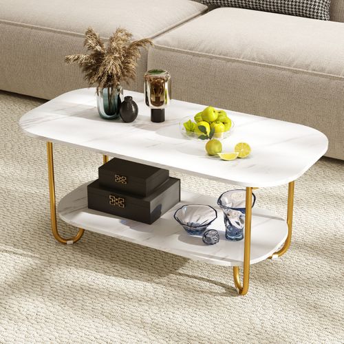 Table Basse Avec Plateau En Faux Marbre Bout De Canapé 2 Niveaux Avec Étagère Blanc