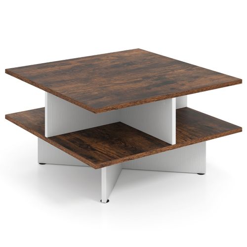 Table Basse Carrée Bout De Canapé à 2 Niveaux Avec 4 Compartiments Marron Et Blanc