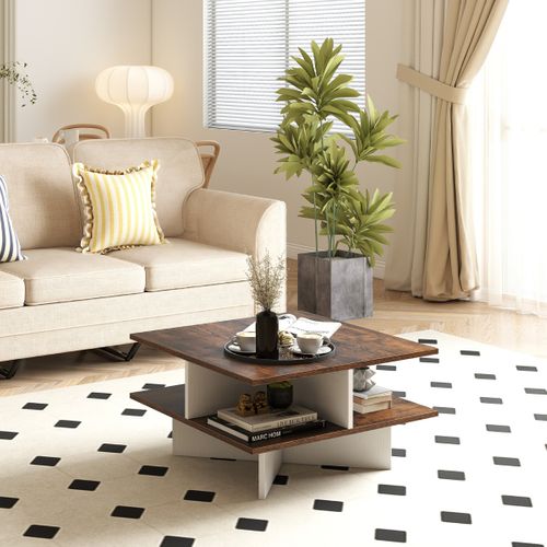 Table Basse Carrée Bout De Canapé à 2 Niveaux Avec 4 Compartiments Marron Et Blanc