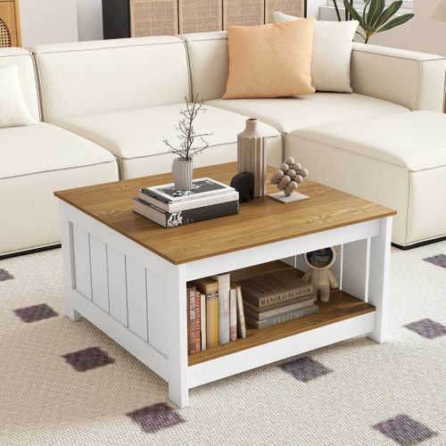 Table Basse En Bois à 2 Niveaux Table De Salon Carrée Avec Espace De Rangement Naturel et Blanc