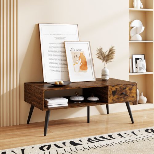 Table Basse Industrielle 109 X 55 X 44,5 Cm Avec 1 Tiroir Et Etagère Cadre En Métal