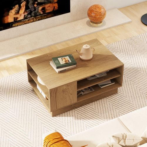 Table Basse Multifonctionnelle Bout De Canapé Avec 2 Étagères 86 X 56 X 41cm Naturel