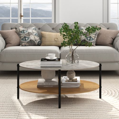 Table Basse Ovale à 2 Niveaux Avec Plateau En Pierre Pour Salon 105 X 65 X 43 Cm