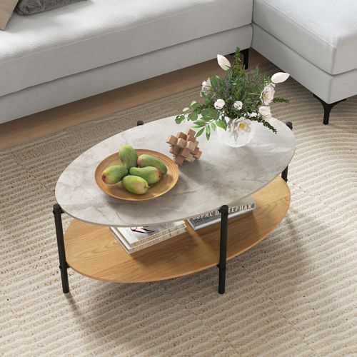 Table Basse Ovale à 2 Niveaux Avec Plateau En Pierre Pour Salon 105 X 65 X 43 Cm