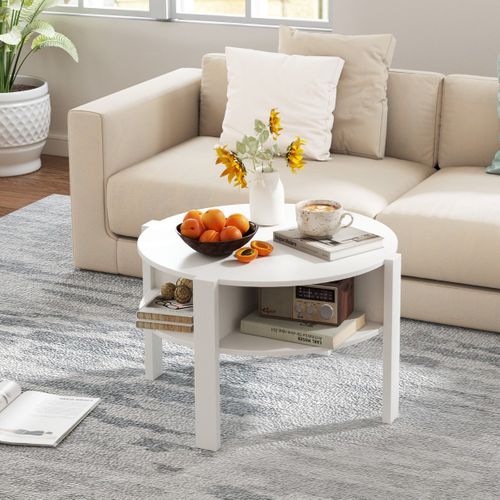 Table Basse Ronde Bout De Canapé à 2 Niveaux Avec 4 Etagères 74,5 X 74,5 X 45,5 Cm Bois Blanc