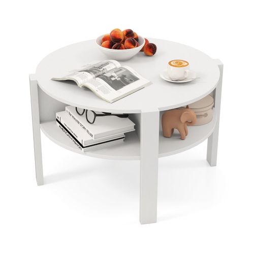 Table Basse Ronde Bout De Canapé à 2 Niveaux Avec 4 Etagères 74,5 X 74,5 X 45,5 Cm Bois Blanc