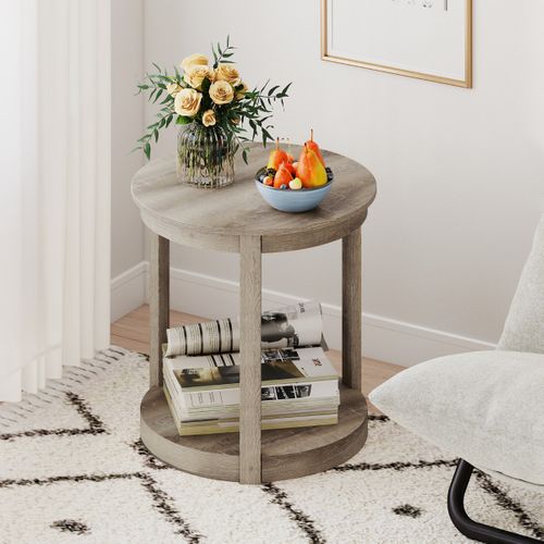 Table Basse Ronde Bout De Canapé à 2 Niveaux Bois 60,5 X 61 Cm Gris