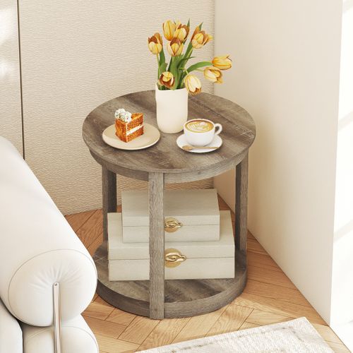 Table Basse Ronde Bout De Canapé à 2 Niveaux Bois 60,5 X 61 Cm Gris