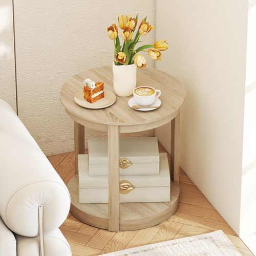 Table Basse Ronde Bout De Canapé à 2 Niveaux Bois 60,5 X 61 Cm Naturel