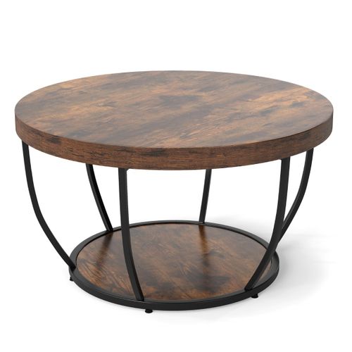 Table Basse Ronde Bout De Canapé à 2 Niveaux Cadre En Métal Robuste 80 X 80 X 45 Cm Bois Café