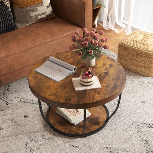Table Basse Ronde Bout De Canapé à 2 Niveaux Cadre En Métal Robuste 80 X 80 X 45 Cm Bois Café