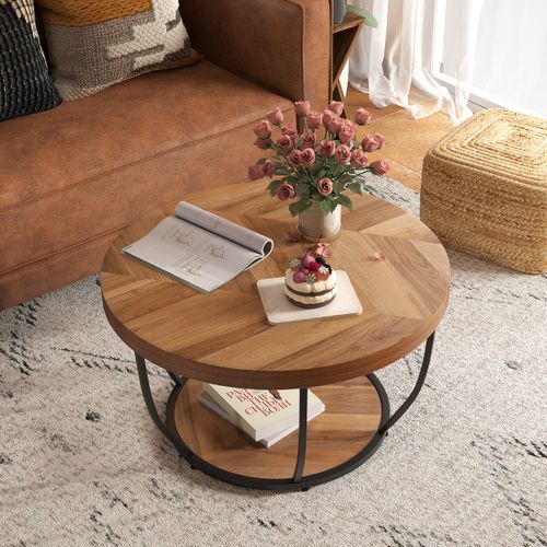 Table Basse Ronde Bout De Canapé à 2 Niveaux Cadre En Métal Robuste 80 X 80 X 45 Cm Naturel