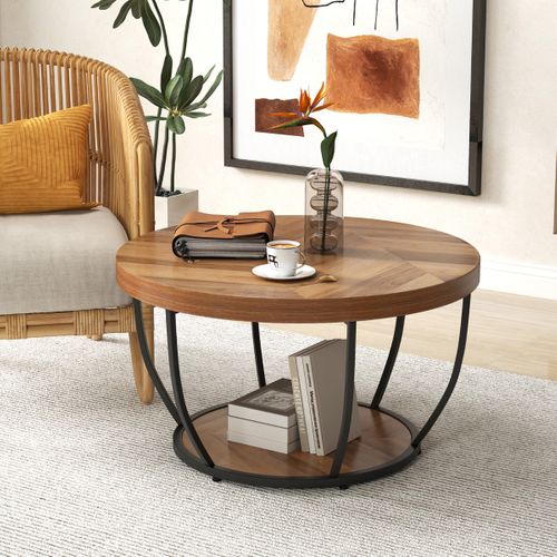 Table Basse Ronde Bout De Canapé à 2 Niveaux Cadre En Métal Robuste 80 X 80 X 45 Cm Naturel