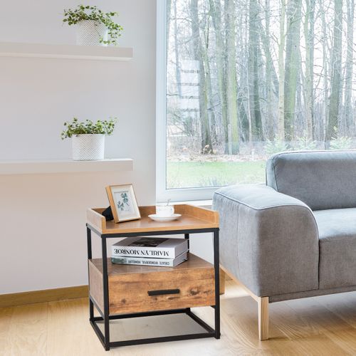 Table De Chevet Table De Nuit à 2 Etagères 1 Tiroir Mdf Et Fer 45x40x49cm Brun