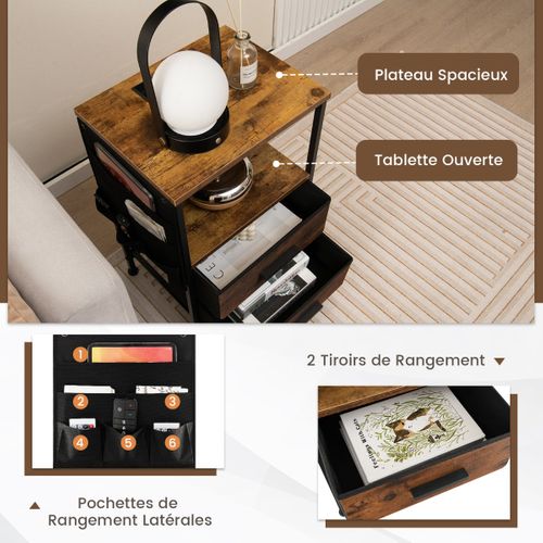 Table De Chevet Table De Nuit Avec Station De Charge 2 Tiroirs 38 X 30 X 60 Cm Marron Rustique