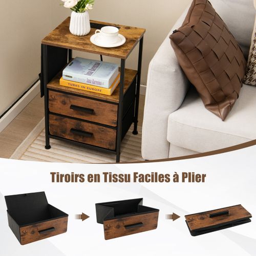 Table De Chevet Table De Nuit Avec Station De Charge 2 Tiroirs 38 X 30 X 60 Cm Marron Rustique