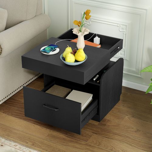 Table De Chevet Table De Nuit Moderne Avec Station De Charge Tiroir 50 X 40 X 55 Cm Noir