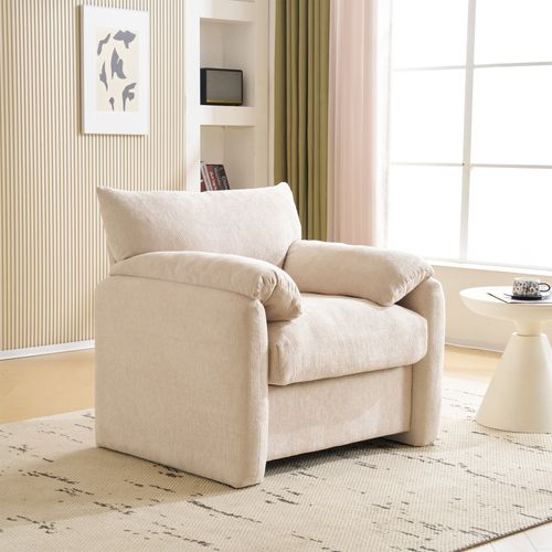 Fauteuil, Design Contemporain, Tissu Chenille, Beige