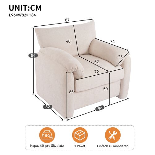 Fauteuil, Design Contemporain, Tissu Chenille, Beige
