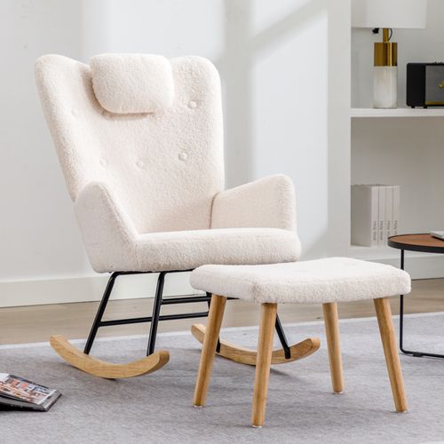 Fauteuil à Bascule Confortable, Ours En Peluche, Avec Appui-tête Et Repose-pieds, Blanc