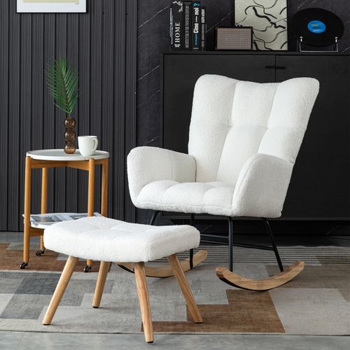 Fauteuil à Bascule Avec Repose-pieds, Structure Robuste En Bois D'hévéa, Teddy, Blanc