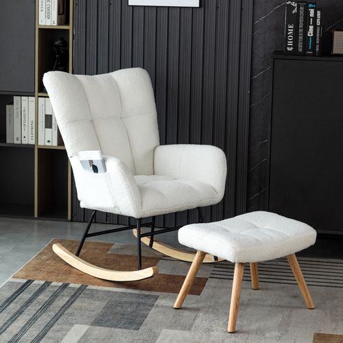 Fauteuil à Bascule Avec Repose-pieds, Structure Robuste En Bois D'hévéa, Teddy, Blanc