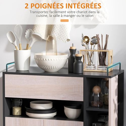 Chariot De Service Pour Cuisine, Avec Roulettes, Noir, Panneau De Particules Grain Chêne
