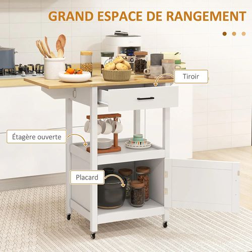 Chariot De Service Pour Cuisine Avec Roulettes, Armoire De Rangement, Plateau Rabattable, Tiroirs