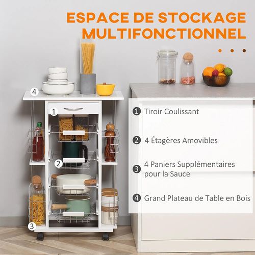 Chariot De Service Pour Cuisine Avec Roulettes, Plan De Travail Carrelé Blanc