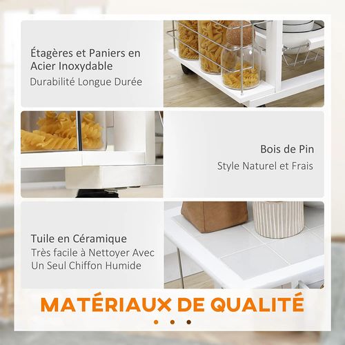 Chariot De Service Pour Cuisine Avec Roulettes, Plan De Travail Carrelé Blanc