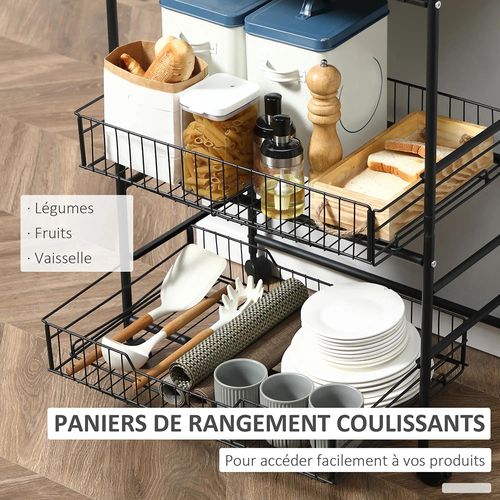 Chariot De Cuisine Avec Deux Paniers Coulissants, Équipé D'étagères Et De Crochets Latéraux, Noyer