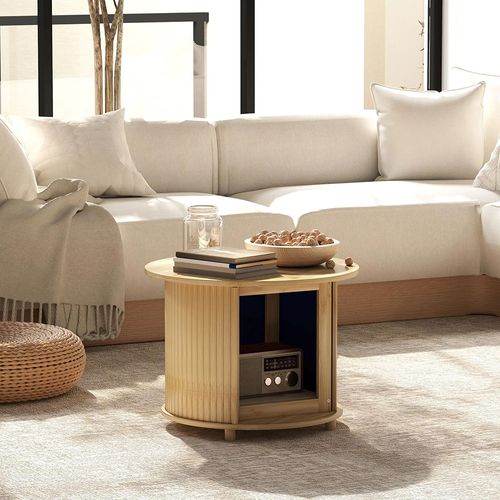 Bout De Canapé Avec Porte Coulissante, 60 X 45 Cm, Bois Naturel