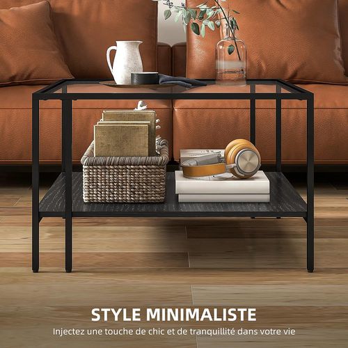 Table Basse Carrée 2 Niveaux Avec Plateau En Verre Trempé, 1 Étagère, 73l X 73p X 46,5h Cm, Noir
