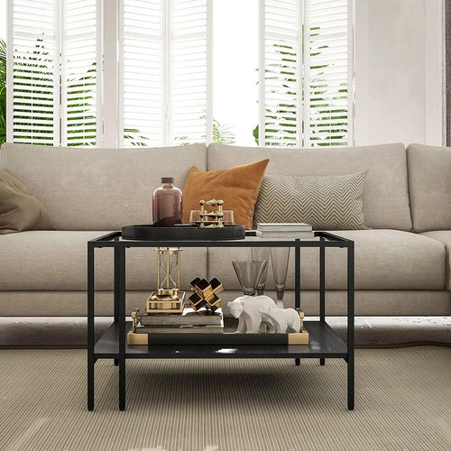 Table Basse Carrée 2 Niveaux Avec Plateau En Verre Trempé, 1 Étagère, 73l X 73p X 46,5h Cm, Noir