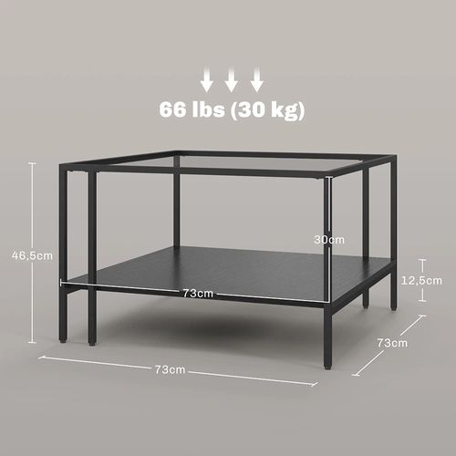 Table Basse Carrée 2 Niveaux Avec Plateau En Verre Trempé, 1 Étagère, 73l X 73p X 46,5h Cm, Noir