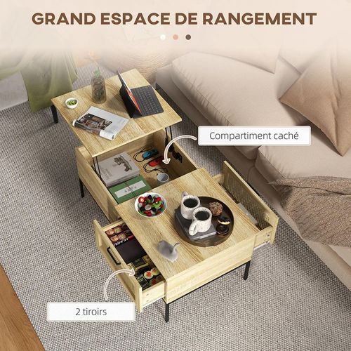Table Basse,avec 2 Grands Tiroirs Cadre En Acier 106 X 56,3 X 48 Cm Naturel