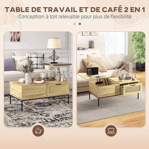 Table Basse,avec 2 Grands Tiroirs Cadre En Acier 106 X 56,3 X 48 Cm Naturel