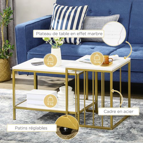 Lot De 2 Tables Basses Gigognes Carrés - Plateau Blanc Aspect Marbre Et Pied En Métal Doré