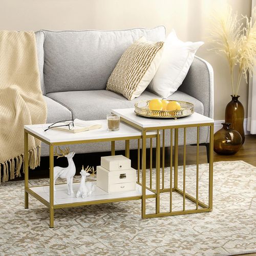 Lot De 2 Tables Basses Gigognes Carrés - Plateau Blanc Aspect Marbre Et Pied En Métal Doré