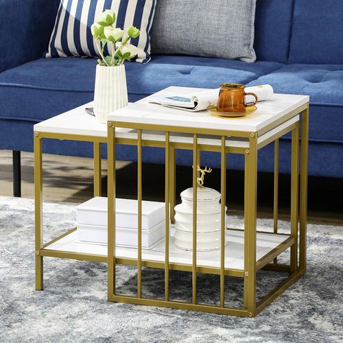 Lot De 2 Tables Basses Gigognes Carrés - Plateau Blanc Aspect Marbre Et Pied En Métal Doré