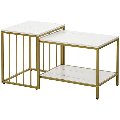 Lot De 2 Tables Basses Gigognes Carrés - Plateau Blanc Aspect Marbre Et Pied En Métal Doré