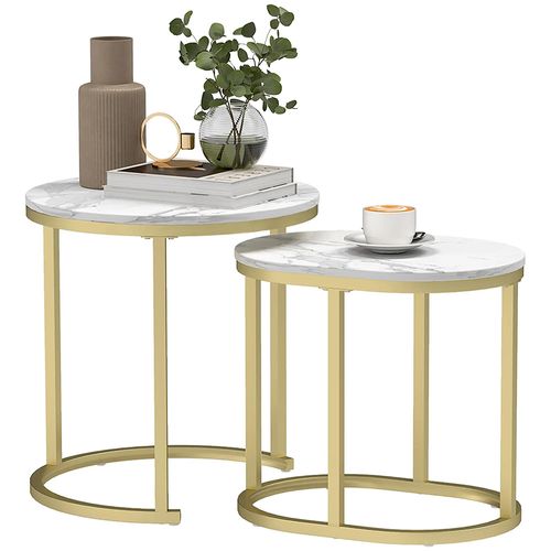 Lot De 2 Tables Basses En Acier Et Plateau En Bois Aspect Marbre Or