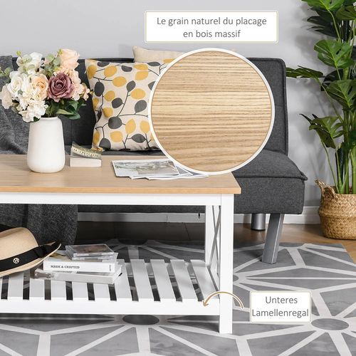Table Basse Rectangulaire 116l X 60l X 48h Cmétagère à Lattes Plateau Imitation Chêne Clair Blanc