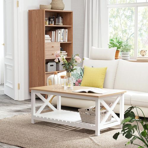 Table Basse Rectangulaire 116l X 60l X 48h Cmétagère à Lattes Plateau Imitation Chêne Clair Blanc