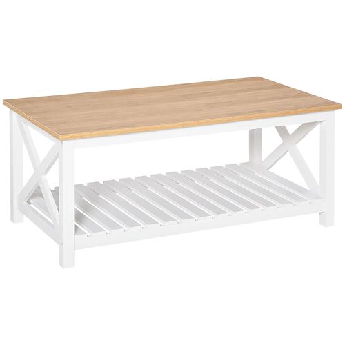 Table Basse Rectangulaire 116l X 60l X 48h Cmétagère à Lattes Plateau Imitation Chêne Clair Blanc